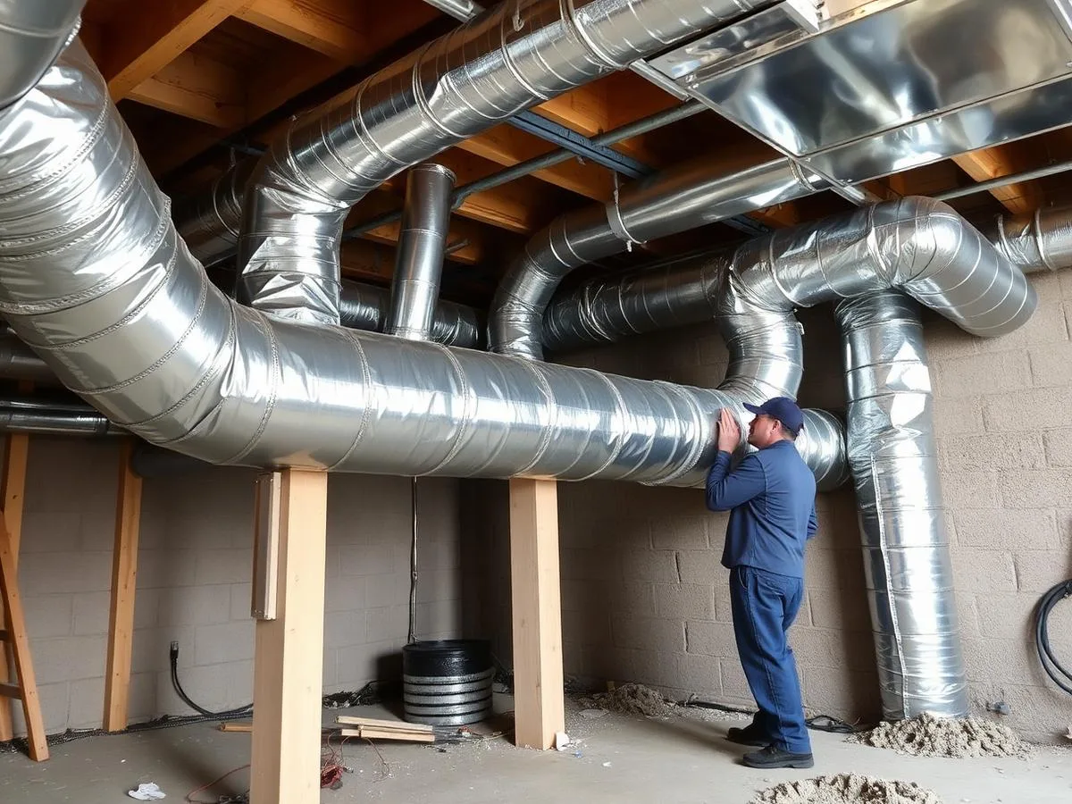 Heating & Cooling Two technician installing custom sheet-metal ductwork in a basement